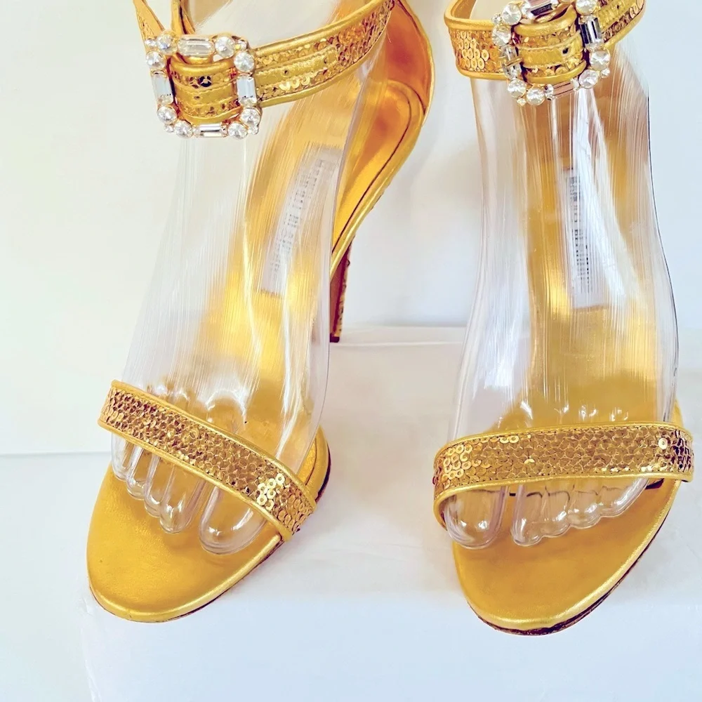 Manolo Blahnik gold sequin heels with crystal buckle 38